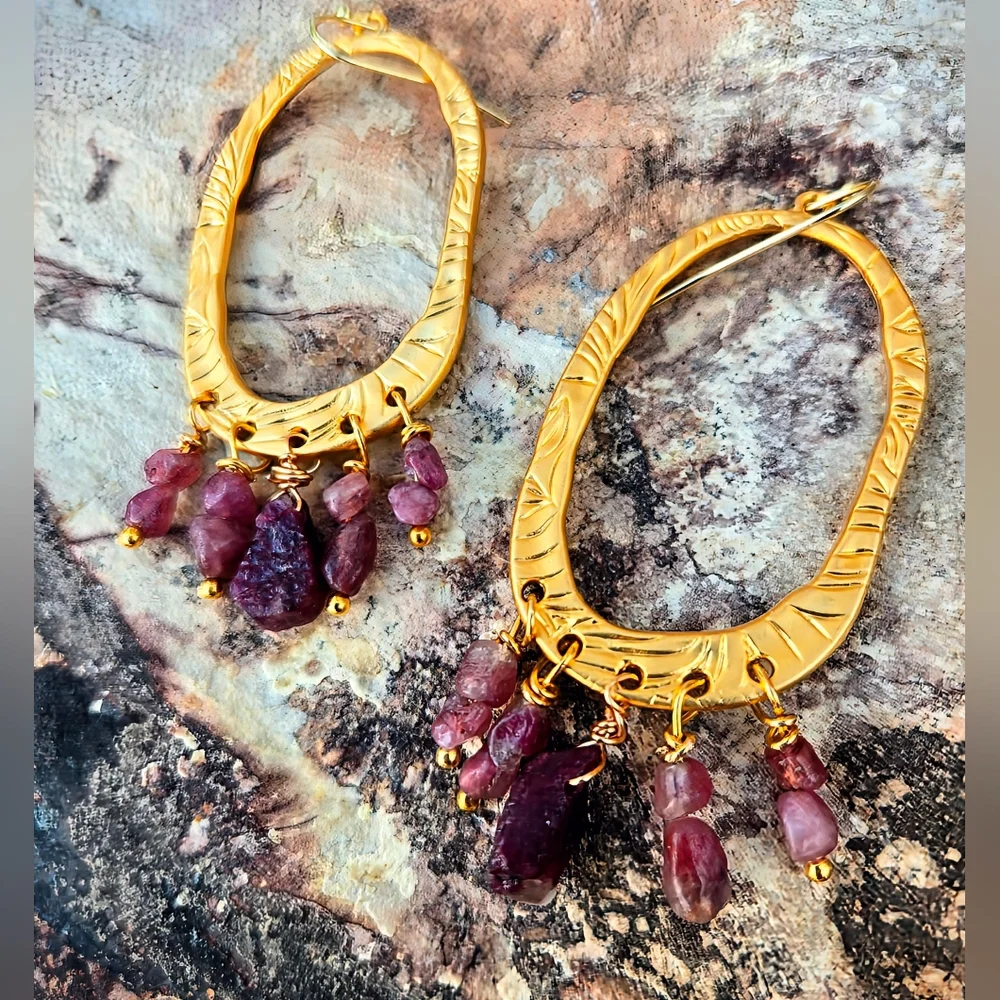 Etruscan-inspired Natural Raw Tourmaline In Hammered Gold Plated Large Earrings